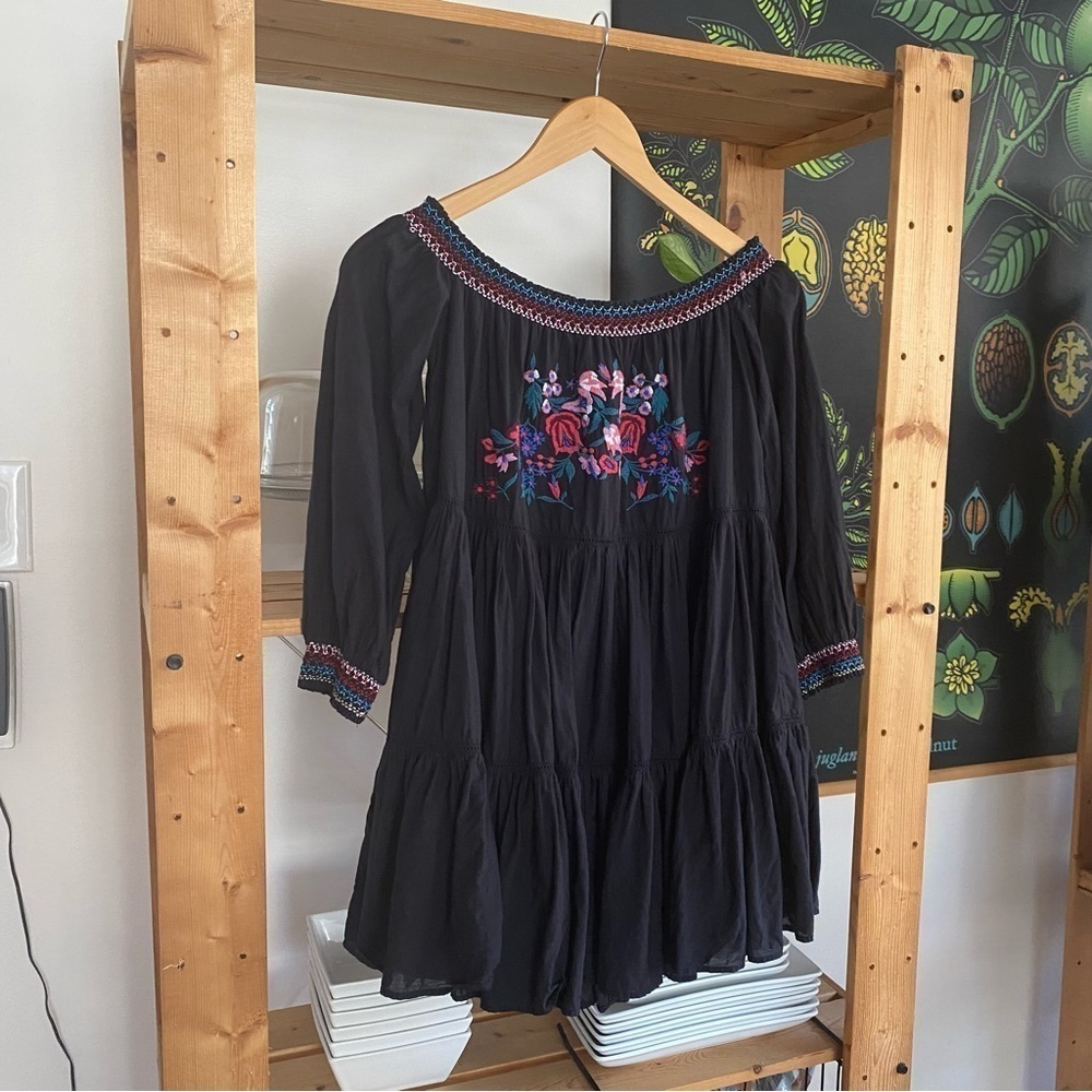 Free People Black Floral Embroidered Off The Shoulder Sunbeams Mini Dress XS - Picture 5 of 16